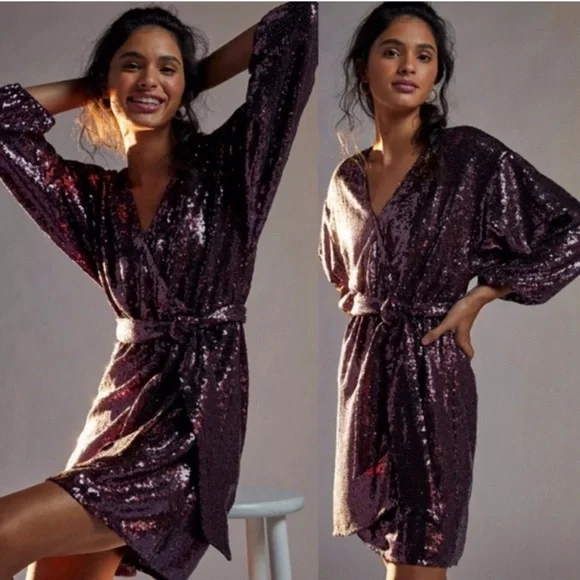 Anthropologie Lisabette Sequined Mini Dress Purple L - Picture 2 of 13